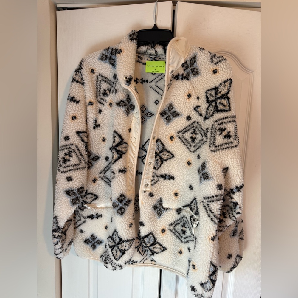 Plush Sherpa Jacket - Cream with Black Pattern
